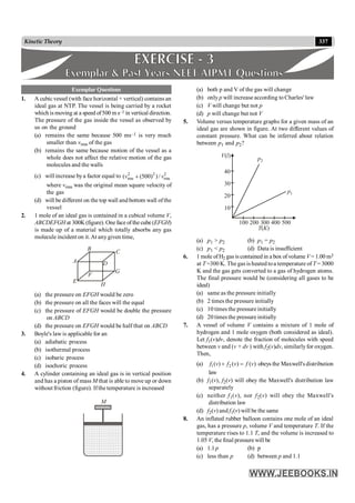 337
Kinetic Theory
Exemplar Questions
1. A cubic vessel (with face horizontal + vertical) contains an
ideal gas at NTP. The vessel is being carried by a rocket
which is moving at a speed of500 m s–1 in vertical direction.
The pressure of the gas inside the vessel as observed by
us on the ground
(a) remains the same because 500 ms–1 is very much
smaller than vrms of the gas
(b) remains the same because motion of the vessel as a
whole does not affect the relative motion of the gas
molecules and the walls
(c) will increase bya factor equal to 2 2 2
rms rms
( (500) ) /
v v
+
where vrms was the original mean square velocity of
the gas
(d) will be different on the top wall and bottom wall ofthe
vessel
2. 1 mole of an ideal gas is contained in a cubical volume V,
ABCDEFGH at 300K (figure). One face of the cube (EFGH)
is made up of a material which totally absorbs any gas
molecule incident on it.At anygiven time,
C
D
G
H
F
E
A
B
(a) the pressure on EFGH would be zero
(b) the pressure on all the faces will the equal
(c) the pressure of EFGH would be double the pressure
on ABCD
(d) the pressure on EFGH would be half that on ABCD
3. Boyle's law is applicable for an
(a) adiabatic process
(b) isothermal process
(c) isobaric process
(d) isochoric process
4. A cylinder containing an ideal gas is in vertical position
and has a piston of mass M that is able to move up or down
without friction (figure). Ifthe temperature is increased
M
(a) both p and V of the gas will change
(b) only p will increase according to Charles' law
(c) V will change but not p
(d) p will change but not V
5. Volume versus temperature graphs for a given mass of an
ideal gas are shown in figure. At two different values of
constant pressure. What can be inferred about relation
between p1 and p2?
40
30
20
10
100 200 300 400 500
V l
( )
T K
( )
p1
p2
(a) p1 > p2 (b) p1 = p2
(c) p1 < p2 (d) Data is insufficient
6. 1 mole of H2 gas iscontained in a box of volume V= 1.00 m3
at T =300 K. The gas is heated toa temperature of T = 3000
K and the gas gets converted to a gas of hydrogen atoms.
The final pressure would be (considering all gases to be
ideal)
(a) same as the pressure initially
(b) 2 times the pressure initially
(c) 10 times the pressure initially
(d) 20 times the pressure initially
7. A vessel of volume V contains a mixture of 1 mole of
hydrogen and 1 mole oxygen (both considered as ideal).
Let f1(v)dv, denote the fraction of molecules with speed
between v and (v + dv ) with f2(v)dv, similarlyfor oxygen.
Then,
(a) 1 2
( ) ( ) ( )
f v f v f v
+ = obeys the Maxwell's distribution
law
(b) f1(v), f2(v) will obey the Maxwell's distribution law
separately
(c) neither f1(v), nor f2(v) will obey the Maxwell's
distribution law
(d) f2(v) and f1(v) will be the same
8. An inflated rubber balloon contains one mole of an ideal
gas, has a pressure p, volume V and temperature T. If the
temperature rises to 1.1 T, and the volume is increased to
1.05 V, the final pressure will be
(a) 1.1 p (b) p
(c) less than p (d) between p and 1.1
 