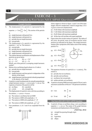 362 PHYSICS
Exemplar Questions
1. The displacement of a particle is represented by the
equation 3cos 2 .
4
y t
p
æ ö
= - w
ç ÷
è ø
The motion of the particle
is
(a) simple harmonic with period 2p/w
(b) simple harmonic with period p/w
(c) periodicbut not simpleharmonic
(d) non-periodic
2. The displacement of a particle is represented by the
equation y = sin3 wt. The motion is
(a) non-periodic
(b) periodicbut not simpleharmonic
(c) simple harmonic with period 2p/w
(d) simple harmonic with period p/w
3. The relation between acceleration and displacement offour
particles are given below
(a) ax = +2x (b) ax = +2x2
(c) ax = –2x2 (d) ax = –2x
Which, one of the particle is exempting simple harmonic
motion?
4. Motion of an oscillating liquid column in a U-tube is
(a) periodicbut not simpleharmonic
(b) non-periodic
(c) simple harmonic and time period is independent ofthe
density of the liquid
(d) simpleharmonicand timeperiod isdirectlyproportional
to the density of the liquid
5. Aparticle isacted simultaneouslybymutuallyperpendicular
simple harmonic motion x = a cos wt and y = a sin wt. The
trajectoryof motion of the particle will be
(a) an ellipse (b) a parabola
(c) a circle (d) a straight line
6. The displacement of a particle varies with time according to
the relation sin cos .
y a t b t
= w + w
(a) The motion is oscillatory but not SHM
(b) The motion is SHM with amplitude a + b
(c) The motion is SHM with amplitude a2 + b2
(d) The motion is SHM with amplitude 2 2
a b
+
7. Four pendulums A, B, C and D are suspended from the
same
G G
D
C B A
elastic support as shown in figure. A and C are of the same
length, while B is smaller than A and D is larger than A. IfA
is given a transverse displacement,
(a) Dwill vibrate with maximum amplitude
(b) C will vibrate with maximum amplitude
(c) B will vibrate with maximum amplitude
(d) All the four will oscillate with equal amplitude
8. Figure shows the circular motion of a particle. The radius of
the circle, the period, sense of revolution and the initial
position are indicated on the figure. The simple harmonic
motion of the x-projection ofthe radius vector of the rotating
particle P is
(a)
2
( ) sin
30
t
x t B
p
æ ö
= ç ÷
è ø
y
x
B
p t
T
( = 0)
= 30s
(b) ( ) cos
15
t
x t B
p
æ ö
= ç ÷
è ø
(c) ( ) sin
15 2
t
x t B
p p
æ ö
= +
ç ÷
è ø
(d) ( ) cos
15 2
t
x t B
p p
æ ö
= +
ç ÷
è ø
9. The equation of motion of a particle is x = a cos(at)2. The
motion is
(a) periodic but not oscillatory
(b) periodic and oscillatory
(c) oscillatory but not periodic
(d) neither periodic nor oscillatory
10. A particle executing SHMmaximum speed of30 cm/s and a
maximum acceleration of 60cm/s2. Theperiod ofoscillation
is
(a) p sec (b)
2
p
sec
(c) 2p sec (d)
t
p
sec
PastYears (2013-2017) NEET/AIPMTQuestions
11. A particle of mass m oscillates along x-axis according to
equation x = a sin wt. The nature of the graph between
momentum and displacement ofthe particle is
[NEET Kar. 2013]
(a) straight line passing through origin
(b) circle
(c) hyperbola
(d) ellipse
 