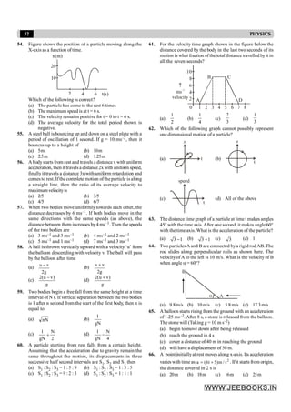 52 PHYSICS
54. Figure shows the position of a particle moving along the
X-axis as a function of time.
2 4 6
10
20
)
m
(
x
)
s
(
t
Which of the following is correct?
(a) The particle has come to the rest 6 times
(b) The maximum speed is at t = 6 s.
(c) The velocity remains positive for t = 0 to t = 6 s.
(d) The average velocity for the total period shown is
negative.
55. A steel ball is bouncing up and down on a steel plate with a
period of oscillation of 1 second. If g = 10 ms–2, then it
bounces up to a height of
(a) 5m (b) 10m
(c) 2.5m (d) 1.25m
56. A bodystarts from rest and travels a distance x with uniform
acceleration, then it travelsa distance2x with uniform speed,
finallyit travels a distance 3x with uniform retardation and
comes to rest. Ifthe complete motion ofthe particle is along
a straight line, then the ratio of its average velocity to
maximumvelocityis
(a) 2/5 (b) 3/5
(c) 4/5 (d) 6/7
57. When two bodies move uniformly towards each other, the
distance decreases by 6 ms–1. If both bodies move in the
same directions with the same speeds (as above), the
distance between them increases by 4 ms–1. Then the speeds
of the two bodies are
(a) 3 ms–1 and 3 ms–1 (b) 4 ms–1 and 2 ms–1
(c) 5 ms–1 and 1 ms–1 (d) 7 ms–1 and 3 ms–1
58. A ball is thrown verticallyupward with a velocity ‘u’ from
the balloon descending with velocity v. The ball will pass
by the balloon after time
(a)
g
2
v
u -
(b)
g
2
v
u +
(c)
2(u v)
g
-
(d)
g
)
v
u
(
2 +
59. Two bodies begin a free fall from the same height at a time
interval of N s. If vertical separation between the two bodies
is 1 after n second from the start of the first body, then n is
equal to
(a) nN (b)
gN
1
(c)
2
N
gN
1
+ (d)
4
N
gN
1
-
60. A particle starting from rest falls from a certain height.
Assuming that the acceleration due to gravity remain the
same throughout the motion, its displacements in three
successive half second intervals are S1, S2 and S3 then
(a) S1 : S2 : S3 = 1 : 5 : 9 (b) S1 : S2 : S3 = 1 : 3 : 5
(c) S1 : S2 : S3 = 9 : 2 : 3 (d) S1 : S2 : S3 = 1 : 1 : 1
61. For the velocity time graph shown in the figure below the
distance covered by the body in the last two seconds of its
motion is what fraction ofthe total distance travelled by it in
all the seven seconds?
10
8
6
4
2
0 1 2 3 4 5 6 7 8
B C
D
A
­
ms
velocity
–1
(a)
2
1
(b)
4
1
(c)
3
2
(d)
3
1
62. Which of the following graph cannot possibly represent
one dimensional motion ofa particle?
(a) t
x
(b)
x
t
(c)
t
speed
(d) All of the above
63. The distance time graph of a particle at time t makes angles
45° with the time axis.After one second, it makes angle 60°
with the time axis. What is the acceleration of the particle?
(a) 3 1
- (b) 3 1
+ (c) 3 (d) 1
64. TwoparticlesA and B are connected bya rigid rod AB. The
rod slides along perpendicular rails as shown here. The
velocity ofA to the left is 10 m/s. What is the velocity of B
when angle a = 60°?
B
A
a
(a) 9.8m/s (b) 10m/s (c) 5.8m/s (d) 17.3m/s
65. A balloon starts rising from the ground with an acceleration
of 1.25 ms–2. After 8 s, a stone is released from the balloon.
The stone will (Taking g = 10 m s–2)
(a) begin to move down after being released
(b) reach the ground in 4 s
(c) cover a distance of 40 m in reaching the ground
(d) will have a displacement of 50 m.
66. A point initiallyat rest moves along x-axis. Its acceleration
varies with time as 2
a (6t 5)m /s
= + . Ifit starts from origin,
the distance covered in 2 s is
(a) 20m (b) 18m (c) 16m (d) 25m
 