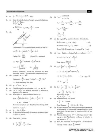61
Motionina Straight Line
45. (c) 1
(8 1 3 1 1) 0
v 5ms
1
-
´ - ´ ´ -
= =
46. (c) Sincethe initial velocityofjump issame on both planets
So 0 = u2– 2gAhA
0 = u2–2gBhB
or m
18
2
1
9
h
h
g
h
g
B
B
B
A
A
=
´
=
Þ
=
´
47. (d)
q
S
R
P Q
mg
q
sin
m
g
q
cos
mg
Let distance (PR) iscovered by the particle in time ‘t’.
Þ PR = q
=
q
+ sin
gt
2
1
t
.
sin
g
2
1
0 2
2
Further PR =
q
cos
PQ
(Given PQ = constant)
Þ PQ = q
qcos
sin
gt
2
1 2
= q
2
sin
gt
4
1 2
Þ t = 2
q
2
sin
g
PQ

q
µ
2
sin
1
t
So as q increases, q
2
sin first increases and then
decreases. Hence ‘t’ first decreases and then increases.
48. (d) Given x = ae–at + bebt
Velocity, v =
dx
dt
= –aae–at + bbebt = - +
a
e
b e
t
t
a
b
a
b
i.e., goon increasing with time.
49. (b) 2
y t ; v- t';a t°
µ µ µ
50. (c) On differentiating, acceleration = 0.2t )
t
(
f
a =
Þ
51. (d) Use v2 – u2 = 2aS. In both the cases, (u positive or
negative) u2 is positive.
52. (b) Area under a-t graph is change in velocity.
Area
1 1 1
(4 4) 6 4 2 4 2 2
2 2 2
= ´ + ´ + ´ ´ - ´ ´
1
36 2 34 ms-
= - =
As initial velocity is zero therefore, the velocity at 14
second is 1
s
m
34 - .
53. (c) At t = 20s, d = 20 m
54. (a) At six points in the graph the tangents have zero slope
i.e. velocity is zero.
55. (d) Time fall is
1
second.
2
2
1 1 10
h g
2 2 8
æ ö
= =
ç ÷
è ø
=1.25m
56. (b)
3
2
1
av
t
t
t
x
3
x
2
x
v
+
+
+
+
=
1
max
2x
t
v
= , 2
max
2x
t
v
= , 3
max
6x
t
v
=
max
av
6x v
v
10x
=
av
max
v 3
v 5
=
57. (c) Let A
v and B
v are the velocities of two bodies.
In first case, A
v + B
v = 6m/s ........(1)
In second case, A
v – B
v = 4m/s .........(2)
From (1) &(2) we get, A
v = 5 m/s and B
v =1 m/s.
58. (d) BB
v
r
= Relative velocityofballw.r.t. balloon = v
u +
gt
)
v
u
(
0 +
+
-
= of
g
v
u
t
+
=
Total time
g
)
v
u
(
2 +
=
59. (c) 2
2
2
1 )
N
n
(
g
2
1
y
,
gn
2
1
y -
=
=
 ]
)
N
n
(
n
[
g
2
1
y
y 2
2
2
1 -
-
=
-
Þ
g
1 (2n N)N
2
= - ]
1
y
y
[ 2
1 =
-
Q
Þ
2
N
gN
1
n +
=
60. (b) S1 =
2
1
g
2
2
1
÷
ø
ö
ç
è
æ
, S1 + S2 =
1
2
g(1)2
2
1
g
2
2
3
÷
ø
ö
ç
è
æ
= S1 + S2 + S3
By solving we get
S1 : S2 : S3 = 1 : 3 : 5
61. (b) Distance in last two second
=
2
1
×10× 2 =10m.
Total distance =
2
1
× 10 × (6 + 2) = 40 m.
62. (d) In (a), at the same time particlehas twopositionswhich
is not possible. In (b), particle has two velocities at the
same time. In (c), speed is negative which is not
possible.
63. (a) Velocityat timet is tan 45° = 1.Velocityat time(t = 1) is
tan 60 3
° = . Acceleration is change in velocity in
one second = 3 1
- .
64. (c) Here, the particle B moves upwards. Let the upward
velocity of B be v then
v
tan 60
10
= °
 