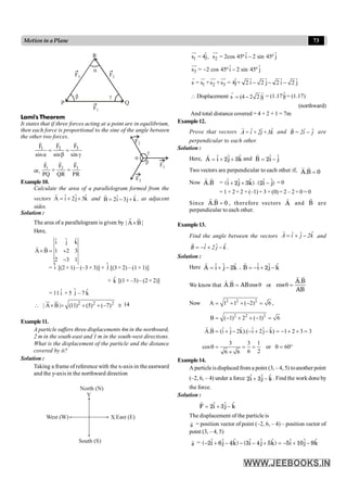 73
Motion in a Plane
P Q
R
F3 F2
F1
a
b g
Lami's Theorem
It states that if three forces acting at a point are in equilibrium,
then each force is proportional to the sine of the angle between
the other two forces.
3
1 2 F
F F
sin sin sin
= =
a b g
r
r r
F3
F1
F2
a
b
g
or,
3
1 2 F
F F
PQ QR PR
= =
r
r r
Example10.
Calculate the area of a parallelogram formed from the
vectors k̂
3
ĵ
2
î
A +
+
=
r
and k̂
j
3
î
2
B +
-
=
r
, as adjacent
sides.
Solution :
The area of a parallelogram is given by |
B
A
|
r
r
´
Here,
ˆ ˆ ˆ
i j k
A B 1 2 3
2 3 1
´ = +
-
r r
= î [(2 × 1) – (–3 × 3)] + ĵ [(3 × 2) – (1 × 1)]
+ k̂ [(1 × –3)– (2 × 2)]
= 11 î + 5 ĵ – 7 k̂
2 2 2
| A B | (11) (5) ( 7)
 ´ = + + -
ur u
r
@ 14
Example11.
A particle suffers three displacements 4m in the northward,
2 m in the south-east and 1 m in the south-west directions.
What is the displacement of the particle and the distance
covered by it?
Solution :
Taking a frame of reference with the x-axis in the eastward
and the y-axisin the northward direction
Y
North (N)
X East (E)
West (W)
South (S)
1 2
ˆ ˆ ˆ
s = 4j, s = 2cos 45ºi 2 sin 45º j
-
ur uu
r
3
ˆ ˆ
s = 2 cos 45º i 2 sin 45º j
- -
uu
r
1 2 3
ˆ ˆ ˆ ˆ ˆ
s = s +s +s = 4j+ 2 i 2 j 2 i 2 j
- - -
r ur uu
r uu
r
 Displacement ˆ
s (4 2 2)j
= -
r ˆ
= (1.17)j= (1.17)
(northward)
And total distance covered = 4 + 2 + 1 = 7m
Example12.
Prove that vectors ˆ
ˆ ˆ
A= i +2j+3k
r
and ˆ ˆ
B = 2i j
-
r
are
perpendicular to each other.
Solution :
Here, k̂
3
ĵ
2
î
A +
+
=
r
and ĵ
î
2
B -
=
r
Two vectors are perpendicular to each other if, 0
B
.
A =
r
r
Now B
.
A
r
r
= )
k̂
3
ĵ
2
î
( +
+ . )
ĵ
î
2
( - = 0
= 1 × 2+ 2 × (–1) + 3 ×(0) = 2 – 2+ 0 = 0
Since 0
B
.
A =
r
r
, therefore vectors A
r
and B
r
are
perpendicular to each other.
Example13.
Find the angle between the vectors ˆ
ˆ ˆ
A i j 2k
= + -
r
and
ˆ
ˆ ˆ
B i 2 j k
= - + -
r
.
Solution :
Here k̂
2
ĵ
î
A -
+
=
r
, k̂
ĵ
2
î
B -
+
-
=
r
We know that q
= cos
AB
B
.
A
r
r
or
AB
B
.
A
cos
r
r
=
q
Now 2 2 2
2 2 2
A 1 1 ( 2) 6 ,
B ( 1) 2 ( 1) 6
ˆ ˆ ˆ ˆ ˆ ˆ
A.B (i j 2k).( i 2j k) 1 2 3 3
3 3 1
cos or 60
6 2
6 6
= + + - =
= - + + - =
= + - - + - = - + + =
q = = = q = °
´
r r
Example14.
A particleis displaced from a point (3, – 4, 5) toanother point
(–2, 6, – 4) under a force k̂
ĵ
3
î
2 -
+ . Find the work doneby
the force.
Solution :
k̂
ĵ
3
î
2
F -
+
=
r
The displacement of the particle is
s
r = position vector of point (–2, 6, – 4) – position vector of
point (3, – 4, 5)
s
r = k̂
9
ĵ
10
î
5
)
k̂
5
ĵ
4
î
3
(
)
k̂
4
ĵ
6
î
2
( -
+
-
=
+
-
-
-
+
-
 