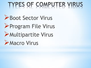 Boot Sector Virus
Program File Virus
Multipartite Virus
Macro Virus
 