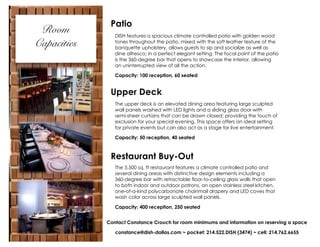 Room
Capacities

Patio
DISH features a spacious climate controlled patio with golden wood
tones throughout the patio, mixed with the soft leather texture of the
banquette upholstery, allows guests to sip and socialize as well as
dine alfresco; in a perfect elegant setting. The focal point of the patio
is the 360-degree bar that opens to showcase the interior, allowing
an uninterrupted view of all the action.
Capacity: 100 reception, 60 seated

Upper Deck
The upper deck is an elevated dining area featuring large sculpted
wall panels washed with LED lights and a sliding glass door with
semi-sheer curtains that can be drawn closed; providing the touch of
exclusion for your special evening. This space offers an ideal setting
for private events but can also act as a stage for live entertainment.
Capacity: 50 reception, 40 seated

Restaurant Buy-Out
The 5,500 sq. ft restaurant features a climate controlled patio and
several dining areas with distinctive design elements including a
360-degree bar with retractable floor-to-ceiling glass walls that open
to both indoor and outdoor patrons, an open stainless steel kitchen,
one-of-a-kind polycarbonate chainmail drapery and LED coves that
wash color across large sculpted wall panels.
Capacity: 400 reception, 250 seated
Contact Constance Crouch for room minimums and information on reserving a space
constance@dish-dallas.com ~ pocket: 214.522.DISH (3474) ~ cell: 214.762.6655

 