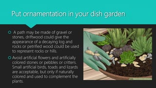 Put ornamentation in your dish garden
 A path may be made of gravel or
stones, driftwood could give the
appearance of a decaying log and
rocks or petrified wood could be used
to represent rocks or hills.
 Avoid artificial flowers and artificially
colored stones or pebbles or critters.
Small artificial birds, toads and lizards
are acceptable, but only if naturally
colored and used to complement the
plants.
 