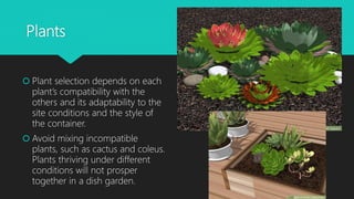 Plants
 Plant selection depends on each
plant’s compatibility with the
others and its adaptability to the
site conditions and the style of
the container.
 Avoid mixing incompatible
plants, such as cactus and coleus.
Plants thriving under different
conditions will not prosper
together in a dish garden.
 
