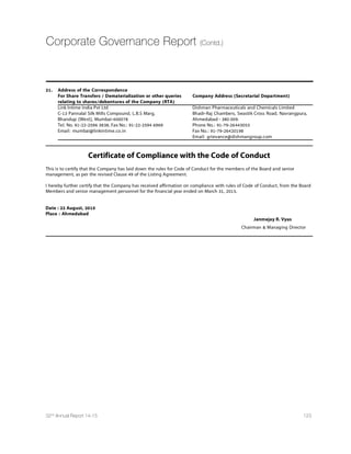80 Dishman Pharmaceuticals and Chemicals Limited
Directors’ Report (Contd.)
7 CARBOGEN AMCIS AG N.A. Subsidiary 100% 2(87)
Hauptstrasse 171 CH-4416
Bubendorf Switzerland
8 CARBOGEN AMCIS Ltd. N.A. Subsidiary 100% 2(87)
303 Clayton Lane, Clayton, Manchester,
M11 4SX UK
9 Innovative Ozone Services Inc. (IO3S) N.A. Subsidiary 100% 2(87)
Les Vernets 2, CH-2035 Corcelles, Switzerland
10 Dishman Netherlands B. V. N.A. Subsidiary 100% 2(87)
Nieuweweg 2A, 3901BE, Veenendaal
The Netherlands
11 Cohecie Fine Chemicals B. V. N.A. Subsidiary 100% 2(87)
(Formerly known as Dishman Holland B. V.)
Mondriaanlaan 25, 6708NE Wageningen
The Netherlands
12 Dishman Japan Ltd. N.A. Subsidiary 100% 2(87)
Tokyo Club Bldg. 11F, 3-2-6 Kasumigaseki,
Chiyoda-ku, Tokyo 100-0013, Japan
13 Dishman Australasia Pty. Ltd. N.A. Subsidiary 100% 2(87)
Unit 1012 3 Herbert Street
ST LEONARDS NSW 2065
14 Dishman Middle East (FZE) N.A. Subsidiary 100% 2(87)
P.O.Box No. 122685 Sharjah - U.A.E.
15 CARBOGEN AMCIS SAS, France N.A. Subsidiary 100% 2(87)
10 Rue des Boules F-63200 RiomFrance
16 Shanghai Yiqian International Trade Co., Ltd. N.A. Subsidiary 100% 2(87)
Room 1101, Building 3, 215 Lianhe Road,
Fengxian District, Shanghai 201417, China
17 CARBOGEN AMCIS (India) Ltd. U74900GJ2007PLC051338 Subsidiary 100% 2(87)
Bhadr Raj Chambers, Swastik Cross Roads,
Navrangpura, Ahmedabad - 380009
18 Dishman Care Ltd. U24233GJ2010PLC059935 Subsidiary 100% 2(87)
516, 5th Floor, Bhadr-Raj Chambers,
Swastik Cross Roads, Navrangpura,
Ahmedabad - 380009
19 Schutz Dishman Biotech Ltd. U24231GJ1995PLC028060 Joint Venture 22.33% 2(6)
2nd Floor Bhadr-Raj Chmabers,
Nr Swastik Cross Road, Navrangpura,
Ahmedabad - 380009
20 Bhadra Raj Holding Private Limited U17119GJ1984PTC007507 Associate 40% 2(6)
Bhadr-Raj Chambers, Swastik Cross Road,
Navrangpura, Ahmedabad - 380009
*Dishman Arabia Ltd. liquidated w.e.f. 5.1.2015 during the year
IV. SHARE HOLDING PATTERN (Equity Share Capital Breakup as percentage of Total Equity)
i. Category-wise Share Holding
No. of Shares held at the beginning of No. of Shares held at the end of the year
the year
Category of Demat Physical Total % of Demat Physical Total % of %
Shareholders Total Total Change
Shares Shares during
the year
A. Promoters
1. Indian
a. Individual/ HUF 48948449 0 48948449 60.66% 48948449 0 48948449 60.66% 0.00%
b. Central Governments 0 0 0 0.00% 0 0 0 0.00% 0.00%
c. State Governments 0 0 0 0.00% 0 0 0 0.00% 0.00%
d. Bodies Corporates 600000 0 600000 0.74% 600000 0 600000 0.74% 0.00%
e. Bank/ FIs 0 0 0 0.00% 0 0 0 0.00% 0.00%
f. Any Other 0 0 0 0.00% 0 0 0 0.00% 0.00%
Sub-Total A-(1) 49548449 0 49548449 61.40% 49548449 0 49548449 61.40% 0.00%
 