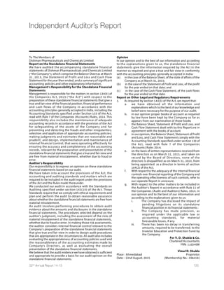 82 Dishman Pharmaceuticals and Chemicals Limited
Directors’ Report (Contd.)
ii. Shareholding of Promoters:
Shareholding at the beginning Shareholding at the end of
of the year the year
Sr. Shareholder’s Name No. of % of total % of shares No. of % of total % of % change
No. Shares Shares of Pledged/ Shares Shares shares in
the encum- of the Pledged/ Shareh-
Company bered to Company encumbe olding
total shares red to during
total the year
shares
1 Mr. Janmejay R. Vyas 25279855 31.33 12.61 25279855 31.33 14.02 0
2 Mr. Arpit J. Vyas 12563975 15.57 7.07 12563975 15.57 4.59 0
3 Mrs. Deohooti J. Vyas 10964500 13.59 0 10964500 13.59 0 0
4 Ms. Mansi J. Vyas 36500 0.05 0 36500 0.05 0 0
5 Ms. Aditi J. Vyas 103619 0.13 0 103619 0.13 0 0
6 Bhadra Raj Holding Pvt. Ltd. 600000 0.74 0 600000 0.74 0 0
Total 49548449 61.40 19.68 49548449 61.40 18.61 0
iii. Change in Promoters’ Shareholding (please specify, if there is no change)
Sr. Shareholding ar the Cumulative Shareholding
No. Name beginning of the year during the year
No. of shares % of total No. of shares % of total
shares of the shares of the
company company
• At the beginning of the year No change No change
• Date wise Increase / Decrease in Promoters No change No change
Shareholding during the year specifying
the reasons for increase / decrease (e.g.
allotment/transfer/bonus/sweat equity etc):
• At the end of the year No change No change
iv. Shareholding Pattern of top ten Shareholders (other than Directors, Promoters and Holders of GDRs and ADRs):
Shareholding Cumulative
Shareholding during
the year
(01-04-14 to 31-03-15)
Sr. Top Ten Shareholders No. of % of total Date Increase/ Reason No. of % of total
No. Shares the Shares of Decrease shares shares of
beginning the in share- the
(1-4-2014) Company holding Company
/end of the
year
(31-3-2015)
1* HDFC Standard Life Insurance
Company Ltd. 2440339 3.0241 1-Apr-14 - - 2440339 3.0241
2-May-14 -11537 Transfer 2428802 3.0098
13-Jun-14 -242218 Transfer 2186584 2.7096
30-Jun-14 -212130 Transfer 1974454 2.4467
4-Jul-14 -300000 Transfer 1674454 2.075
11-Jul-14 -125000 Transfer 1549454 1.9201
25-Jul-14 -300000 Transfer 1249454 1.5483
8-Aug-14 -48822 Transfer 1200632 1.4878
15-Aug-14 -151178 Transfer 1049454 1.3005
22-Aug-14 -73421 Transfer 976033 1.2095
 