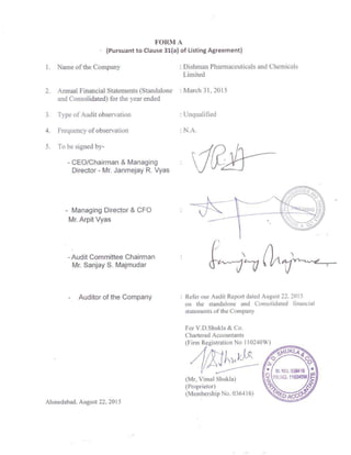 154 Dishman Pharmaceuticals and Chemicals Limited
Notes (Contd.)
forming part of the financial statements
27.08 Earnings in foreign exchange : ` in Lacs
Particulars For the year ended For the year ended
31 March, 2015 31 March, 2014
Export of Goods on FOB 35,975.04 38,546.57
Contract Research Services 6,343.98 1,110.07
27.09 Earnings per share
Particulars For the year ended For the year ended
31 March, 2015 31 March, 2014
Basic  Diluted
Net profit for the year attributable to the equity shareholders (` in Lacs) 5,847.83 8,678.97
Weighted average number of equity shares 80,697,136 80,697,136
Nominal Value of equity share (In `) 2.00 2.00
Earnings per share - Basic and Diluted (In `) 7.25 10.75
27.10 Deferrde tax (liability) / asset ` in Lacs
Particulars As at As at
31 March, 2015 31 March, 2014
(A) Tax effect of items constituting deferred tax liability
On difference between book balance and tax balance of fixed assets 7,304.13 6,727.17
Tax effect of items constituting deferred tax liability 7,304.13 6,727.17
(B) Tax effect of items constituting deferred tax assets
Provision for doubtful debts / advances 170.53 431.53
Disallowances under Section 40(a)(i), 43B of the Income Tax Act, 1961 300.64 1,237.22
Tax effect of items constituting deferred tax assets 471.17 1,668.75
Net deferred tax liability (A) - (B) 6,832.96 5,058.42
27.11 (i) Details of research and development expenditure recognised as revenue expense ` in Lacs
Particulars For the year ended For the year ended
31 March, 2015 31 March, 2014
Annual Maintenance 4.06 3.35
Consumables 45.35 17.03
Conveyance 15.16 13.99
Laboratory Expenses 102.58 255.96
Others 13.91 2.01
Power  Fuel 181.31 129.71
Repair  maintenance 28.12 5.68
Raw Material Consumption 150.01 35.38
Salary  Wages 971.68 832.74
Subscription Expenses 68.40 54.46
Total 1,580.58 1,350.31
 