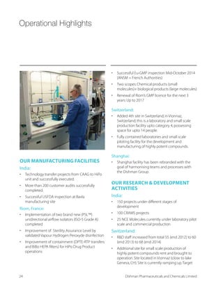 Our Business Verticals
1. CRAMS
We are an integrated CRAMS player with strong
capabilities across the value chain.The CRAMS unit
manufactures drug quantities required for conducting
clinical trials.Our wholly owned subsidiary CARBOGEN
AMCIS AG,located in Switzerland,is spearheading our
RD efforts.
Once the innovative molecules are approved,the unit
explores the possibility of possible large-scale commercial
supply tie-ups.Through this CRAMS business,we provide
assistance to drug innovators in development and
optimisation of processes for novel drug molecules
in various stages of the development process.CRAMS
is our largest business segment which caters to the
requirements of biotech to large pharmaceutical
GSQTERMIW;I HIZIPST MRXIVQIHMEXIW%4-W FEWIH SR SYV
GYWXSQIVqW VIUYIWX8LMW FYWMRIWW MRZSPZIW WMKRMÝGERX 6
(
efforts to develop the products and processes.
PRINCIPAL LINE
OF BUSINESS:
Contract Research
and Manufacturing
Services (CRAMS)
Marketable molecules
END-TO-END HIGH
VALUE CRAMS
OFFERING:
Process Research 
Development
Late-stage Clinical
Commercial Manufacturing
01 02
12 Dishman Pharmaceuticals and Chemicals Limited
 