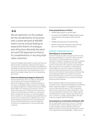 6,-
SwissMedic)
t +046IGIVXMÝGEXMSR %YHMX MR %EVEY F] XLI
SwissMedic
t All Swiss Sites Prolongation of the Accreditation
GIVXMÝGEXI SJ JSVIMKR HVYK QERYJEGXYVIV JSV .ETER
t 6IGIMZIH VIUYMVIH GIVXMÝGEXIW XS STIVEXI XLI RI[
%('0EFW ERH 'SQTEVXQIRX ( F] XLI VIPIZERX
Swiss authorities
t 6IGIMZIH VIPIZERX GIVXMÝGEXIW XS STIVEXI :MSRRE^
site (GMP approval by Swiss Authorities not yet
done,as audit is done post annual closing period
We added our 4th
site in
7[MX^IVPERHMR :MSRRE^8LMW MW E
laboratory and small scale
production facility upto
category 4,possessing space for
upto 14 people.
“
2532nd
Annual Report 14-15
 