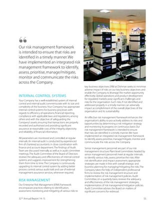 Focussed on Value Delivery through our
Disinfectants Business
Our product range is cost
competitive,technically advanced
and will be available in innovative
user-friendly packs.It offers superior
performance over other leading
brands for Minimum Inhibitory
Concentration.
Our Disinfectants division,“Dishman Care”,offers a range of
Antiseptics and Disinfectants for application in healthcare
and related industries.Our range of products includes bulk
HVYKWTLEWI XVERWJIV GEXEP]WX ERH ÝRI GLIQMGEPW
We have a deep and healthy portfolio of‘next generation’
innovative antiseptics and disinfectant formulations
for application in healthcare and related industries.
3YV 'LPSVLIMHMRI +PYGSREXI  