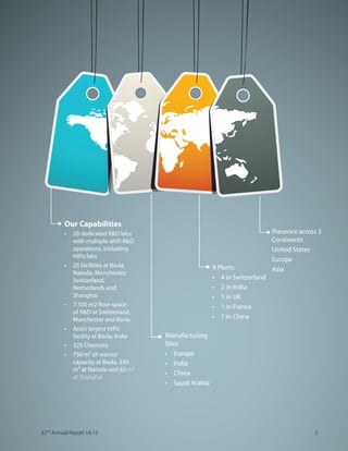 Presence across 3
Continents
United States
Europe
Asia9 Plants
4 in Switzerland
2 in India
1 in UK
1 in France
1 in China
Manufacturing
Sites
Europe
India
China
Saudi Arabia
Our Capabilities
28 dedicated RD labs
with multiple-shift RD
operations, including
HiPo labs
25 facilities at Bavla,
Naroda, Manchester,
Switzerland,
Netherlands and
Shanghai
7,500 m2 floor space
of RD at Switzerland,
Manchester and Bavla
Asia’s largest HiPo
facility at Bavla, India
325 Chemists
750 m³ of reactor
capacity at Bavla, 230
m³ at Naroda and 63 m³
at Shanghai
532nd
Annual Report 14-15
 