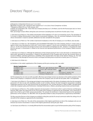 aimed at the global market will be manufactured here and
[MPP FI FVSYKLX MRXS EZPE JSV QEOMRK ÝRMWLIH TVSHYGXW
8LI TVSHYGXW QERYJEGXYVIH EX 7LERKLEM EVI TVSÝXEFPI ERH
the facility achieved cash break-even point during the year.
Chemicals manufactured in our Shanghai factory are in
general substantially cheaper than in our corresponding
other assets.
Distinctive Marketing Strategy for Vitamin D3
Dishman Netherlands,which was fully commercialised
post shutdown and renovation,displayed decent
performance following a distinct marketing strategy of
JSGYWMRK SR TVSÝXEFMPMX] MRWXIEH SJ ZSPYQIW8LI WXVEXIK]
[EW HMVIGXP] LERHPIH F] SYV +PSFEP 'LMIJ )IGYXMZI 3JÝGIV
1EVO +VMJÝXLW8LI 'SQTER][LMGL TVSHYGIW ZMXEQMRW
earlier sold to about 26-27 distributors and there was no
control on pricing.Today,the situation has undergone a
distinct change with a key focus on improving margins.
;I EVI STXMQMWXMG SR XLI SYXPSSO JSV XLI SZIVEPP :MXEQMR (
business with a world demand of 400,000 metric tonnes
ERH EVI PSSOMRK XS ITERH XLI :MXEQMR ( EREPSKYI TEVX
of business.Recently,the plant secured FDA approval
to enhance its competitiveness in securing high-value
customers.
Prime Growth Drivers in FY2015:
t CRAMS getting back on growth path
t Turnaround of CARBOGEN AMCIS,led by margin
improvement,new products,ADC and Unit
,M4S
t CRAMS and break-even of China facility
t :MXEQMR ( FYWMRIWW QSZMRK SR XVEGO [MXL OI]
focus on integrating vitamin business
OUR KEY STRATEGIES IN PLAY
Diversifying our Customer Base
Dishman Pharma was earlier outsourcing services to big
TLEVQEGIYXMGEP TPE]IVW MR 97 ERH 9/QEMRP] MRRSZEXSVW
from biotech to multinational pharma companies.
,S[IZIVMX GLERKIH MXW WXVEXIK] ERH GSRXMRYIW XS HMZIVWMJ]
and widen its existing customer base for India CRAMS
business.This tectonic shift is based on a key observation
that much of the recent innovation in New Molecule
Entities (NMEs) has come from small to mid-sized bio-
pharmaceutical organisations,which has changed the
dynamics of this business.Today,medium pharmaceutical
and small biotech players form a bulk of its customer
base.By diversifying our customer mix,we are ensuring
we are not over dependent on our business with large
pharmaceutical companies.
We are targeting small and mid-sized pharmaceutical
companies active in Research  Development and offering
better margins.We added 10-15 small biotech clients
YRHIV SYV FIPX HYVMRK XLI ]IEV-R *=E WMKRMÝGERX
portion of our total revenues will be clocked from small
and mid-sized biotech companies.Our CRAMS segment
MW FIRIÝXXMRK JVSQ E [MHIV GYWXSQIV FEWI%FSYX XST 
of our customers currently contribute 40% to the total
revenues,compared with 60-70% earlier.
Increasing Focus on Innovative and Generic APIs
;I EVI WMKRMÝGERXP] IRLERGMRK SYV JSGYW SR MRRSZEXMZI
and generic APIs in a bid to stabilise our business and
increase utilisation of spare capacities,without any
additional capex.In the past year,we hired a few chemists
MR XLMW WIKQIRX;I LEZI EPVIEH] ÝPIH b (1*W ERH EVI
We are optimistic on the outlook
JSV XLI SZIVEPP :MXEQMR ( FYWMRIWW
with a world demand of 400,000
metric tonnes and are looking to
ITERH XLI :MXEQMR ( EREPSKYI
part of business.Recently,the plant
secured FDA approval to enhance
its competitiveness in securing high-
value customers.
“
4932nd
Annual Report 14-15
 