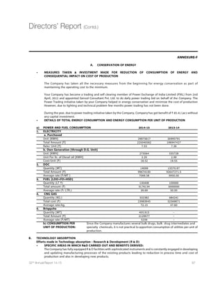 Financial Condition
(i) Secured loans:
Secured loans stood at ` 805.96 crore as at 31st March,
2015,as against ` 877.74 crore as at 31st March,2014.
(ii) Unsecured loans:
Unsecured loans as on 31st March,2015 were at ` 126.74
crore,as against ` 96.42 crore as on 31st March,2014.
(iii) Inventories:
Major items of inventories as of 31st March 2015 are as
under:
(` in Crores)
Particulars 2014-2015 2013-2014
Raw Materials 145.33 151.11
Work in process 180.07 112.22
Finished goods 97.10 122.36
iv) Debtors:
Debtors as of 31st March,2015 amounted to ` 217.11
crore,as against ` 143.97 crore during the previous year.
(C) SEGMENT-WISE OR PRODUCT-WISE PERFORMANCE:
The business segments of the Company
comprise the following :
Segment Description of the activity
CRAMS Contract Research and
Manufacturing Segment
under long term supply
agreements
Others Bulk Drugs,Intermediates,
Quats and Specialty
Chemicals and
SYXWSYVGIHXVEHIH KSSHW
The break-up of Company’s total income from the product
segments viz.“CRAMS Segment”and“Other Segments”for
the last three years is as under:
(` in crores)
Product
Segment
31/03/2013 31/03/2014 31/03/2015
CRAMS 813.25 933.52 1,100.93
Others 458.96 451.80 474.26
Total 1,272.21 1,385.32 1,575.19
Management Discussion  Analysis
COMPOSITION OF EXPENSES  PROFIT (% to Consolidated Revenue)
Cost of Material Consumed Administrative, Selling  Other ExpensesManufacturing Expenses Employee Benefit Expense
Interest  Financial Cost Depreciation  Amortisation Cost Provision for Tax Expenses Profit After Tax
27%
9%
29%
3%
7%
6%
11%
8%
2013-14 2014-15
29%
8%
27%
3%
8%
7%
10%
8%
54 Dishman Pharmaceuticals and Chemicals Limited
 
