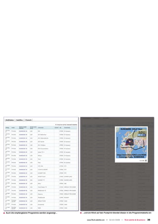 ▲ Auch die empfangbaren Programme werden angezeigt...   ▲ ...und ein Klick auf den Footprint blendet diesen in die Programmtabelle ein


                                                               www.TELE-satellite.com — 02-03/2008 — TELE-satellite & Broadband   39
 