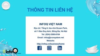 CREDITS: This presentation template was created by Slidesgo, and
includes icons by Flaticon, and infographics & images by Freepik
THÔNG TIN LIÊN HỆ
INFOQ VIỆT NAM
Địa chỉ: Tầng 6, tòa nhà Ocean Park,
số 1 Đào Duy Anh, Đống Đa, Hà Nội
Tel: (024)-3566-8164
Email: infoq@runsystem.net
Website:
http://infoq.vn/business/home
 