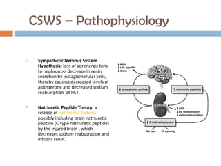 CSWS – Pathophysiology
 Sympathetic Nervous System
Hypothesis: loss of adrenergic tone
to nephron >> decrease in renin
secretion by juxtaglomerular cells,
thereby causing decreased levels of
aldosterone and decreased sodium
reabsorption at PCT.
 Natriuretic Peptide Theory: a
release of natriuretic factors,
possibly including brain natriuretic
peptide (C-type natriuretic peptide)
by the injured brain , which
decreases sodium reabsorption and
inhibits renin.
 
