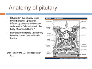 Anatomy of pitutary
 Situated in the pituatry fossa
limited anterior , posterior ,
inferior by bony constituents of
sella turcica “ depression in the
body of sphenoid bone “
 Demarcated laterally , superiorly
by reflection of dura and sella
turcica
Don’t injury me ,,, I will flood your
ICU
 