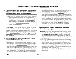 VERSES RELATED TO THE ISRAELITE JOURNEY
 
 
1. The Israelites had been in bondage in Egypt for about
400 years, when God spoke to Moses at the burning
bush and revealed to him His two-step plan.
 
 
Exodus 3:7-8 The Lord said, “I have surely seen the affliction
of My people who are in Egypt, and have given heed to
1 their cry because of their taskmasters, for I am aware of
their sufferings. “So I have come down to deliver them
from the power of the Egyptians, and to bring them up
from that land to a good and spacious land, to a land
flowing with milk and honey, …
the two doorposts, the Lord will pass over the door and will not
allow the destroyer to come in to your houses to smite you.
Exodus 12:29-31 Now it came about at midnight that the Lord
struck all the firstborn in the land of Egypt, from the firstborn of
Pharaoh who sat on his throne to the firstborn of the captive who
was in the dungeon, and all the firstborn of cattle. Pharaoh
arose in the night, he and all his servants and all the Egyptians,
and there was a great cry in Egypt, for there was no home where
there was not someone dead. Then he called for Moses and
Aaron at night and said, “Rise up, get out from among my
people, both you and the sons of Israel; and go, worship the
Lord, as you have said.
 
Ezekiel 20:5-6 … ‘Thus says the Lord God, “On the day when I
chose Israel and swore to the descendants of the house of Jacob
and made Myself known to them in the land of Egypt, when I swore
to them, saying, I am the Lord your God, on that day I swore to
them, to bring them out from the land of Egypt into a land that I
had selected for them, flowing with milk and honey, which is the
3. God divided the Red Sea and delivered Israel from
Pharaoh’s army. 3
 
Exodus 14:21-22 Then Moses stretched out his hand over the sea;
and the Lord swept the sea back by a strong east wind all night
and turned the sea into dry land, so the waters were divided.
glory of all lands. The sons of Israel went through the midst of the sea on the dry
land, and the waters were like a wall to them on their right hand
2. God sent judgments against the Egyptians. The last
one was the “Passover” 2
 
Exodus 12:21-23 Then Moses called for all the elders of Israel
and said to them, “Go and take for yourselves lambs according
to your families, and slay the Passover lamb. “You shall take a
bunch of hyssop and dip it in the blood which is in the basin, and
apply some of the blood that is in the basin to the lintel and the
two doorposts; and none of you shall go outside the door of his
house until morning. “For the Lord will pass through to smite
the Egyptians; and when He sees the blood on the lintel and on
and on their left.
:23-25 Then the Egyptians took up the pursuit, and all Pharaoh’s
horses, his chariots and his horsemen went in after them into the
midst of the sea. At the morning watch, the Lord looked down
on the army of the Egyptians through the pillar of fire and cloud
and brought the army of the Egyptians into confusion. He
caused their chariot wheels to swerve, and He made them drive
with difficulty; so the Egyptians said,
“Let us flee from Israel, for the Lord is fighting for them against
the Egyptians.”
 
 
3-4 152
 
