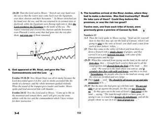 :26-28 Then the Lord said to Moses, “Stretch out your hand over
the sea so that the waters may come back over the Egyptians,
over their chariots and their horsemen.” So Moses stretched out
his hand over the sea, and the sea returned to its normal state at
daybreak, while the Egyptians were fleeing right into it; then the
Lord overthrew the Egyptians in the midst of the sea. The
waters returned and covered the chariots and the horsemen,
even Pharaoh’s entire army that had gone into the sea after
5. The Israelites arrived at the River Jordan, where they
had to make a decision. Was God trustworthy? Would
He take care of them? Could they believe His
promises, or was the risk too great?
 
Twelve men, one from each tribe of Israel, were
graciously given a preview of Canaan by God. 5
them; not even one of them remained. Numbers 13
:1-3 Then the Lord spoke to Moses saying, “Send out for yourself
men so that they may spy out the land of Canaan, which I am
4 5 going to give to the sons of Israel; you shall send a man from
each of their fathers’ tribes, …
:23 Then they came to the valley of Eshcol and from there cut
down a branch with a single cluster of grapes; and they
carried it on a pole between two men, with some of the
pomegranates and the figs.
:25-29 When they returned from spying out the land, at the end of
forty days, they … brought back word to them and to all the
congregation and showed them the fruit of the land. … they
4. God appeared at Mt. Sinai, and gave the Ten
Commandments and the Law 4
 
Exodus 19:18-20 Now Mount Sinai was all in smoke because the
Lord descended upon it in fire; and its smoke ascended like the
smoke of a furnace, and the whole mountain quaked violently.
When the sound of the trumpet grew louder and louder, Moses
spoke and God answered him with thunder. …
 
Exodus 24:12 Now the Lord said to Moses, “Come up to Me on
the mountain and remain there, and I will give you the stone
tablets with the law and the commandment which I have written
for their instruction.”
… said, “We went in to the land where you sent us; and it
certainly does flow with milk and honey, and this is its fruit.
“Nevertheless, the people who live in the land are strong, and
the cities are fortified and very large; …
:30 Then Caleb … said, “We should by all means go up and take
possession of it, …”
:31-33 But the men who had gone up with him said, “We are not
able to go up against the people, for they are too strong for
us.” So they gave out to the sons of Israel a bad report of the
land … saying, “The land through which we have gone, in
spying it out, is a land that devours its inhabitants; and all the
people whom we saw in it are men of great size. …”
 
 
 
 
3-4 153
 