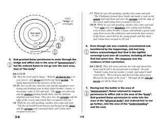  
 
 
 
 
 
 
 
 
 
Holy Spirit
my spirit
 
 
soul
body
possessions
 
 
 
God’s
“hedge” of
sovereignty
:17 While he was still speaking, another also came and said,
“The Chaldeans formed three bands and made a raid on the
camels and took them and slew the servants with the edge of
the sword, and I alone have escaped to tell you.”
:18-19 While he was still speaking, another also came and said,
“Your sons and your daughters were eating and drinking
wine in their oldest brother’s house, and behold, a great wind
came from across the wilderness and struck the four corners
of the house, and it fell on the young people and they died,
and I alone have escaped to tell you.”
 
 
6. Even though Job was crushed, overwhelmed and
bewildered by the happenings, Job had long
before acknowledged that God is the rightful
sovereign Lord over all creation, including all that
5. God granted Satan permission to enter through the
hedge and afflict Job in the area of “possessions”,
but He ordered Satan to not go into the next area,
that of “the body”
 
Job 1:12-19
:12 Then the Lord said to Satan, “Behold, all that he has is in
God had given him. His response was the
evidence of that conviction.
 
Job 1:20-22 Then Job arose and tore his robe and shaved his
head, and he fell to the ground and worshiped. He said,
“Naked I came from my mother’s womb, and naked I shall
return there. The Lord gave and the Lord has taken away.
Blessed be the name of the Lord.” Through all this Job did
your power, only do not put forth your hand on him.” So not sin nor did he blame God.
Satan departed from the presence of the Lord.
:13-15 Now on the day when his sons and his daughters were
eating and drinking wine in their oldest brother’s house, a
messenger came to Job and said, “The oxen were plowing
and the donkeys feeding beside them, and the Sabeans
attacked and took them. They also slew the servants with the
edge of the sword, and I alone have escaped to tell you.”
:16 While he was still speaking, another also came and said,
“The fire of God fell from heaven and burned up the sheep
and the servants and consumed them, and I alone have
escaped to tell you.”
 
3-6
 
 
 
 
 
 
 
 
 
 
 
 
 
 
178
7. Having lost the battle in the area of
“possessions”, Satan returned to request
permission to afflict Job in the area of the “body”.
God granted Satan permission to enter into the
area of the “physical body”, but ordered him to not
go further, into the area of the “understanding”
and the soul.
 