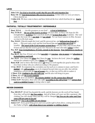 LOVE
 
John 3:16 For God so loved the world, that He gave His only begotten Son, …
Rom. 5:8 But God demonstrates His own love toward us, in that while we were yet sinners,
Christ died for us.
1 John 4:16 We have come to know and have believed the love which God has for us. God is
love, …
 
 
FAITHFUL / TOTALLY TRUSTWORTHY / DEPENDABLE
 
Deut. 32:3-4 … ; Ascribe greatness to our God! … A God of faithfulness …
Psa. 33:18-21 … the eye of the Lord is on those who fear Him, on those who hope for His
lovingkindness, to deliver their soul from death and to keep them alive in famine. Our soul
waits for the Lord; He is our help and our shield. For our heart rejoices in Him, because
we trust in His holy name.
Psa. 34:4-8 I (David) sought the Lord, and He answered me, and delivered me from all my
fears. … This poor man cried, and the Lord heard him and saved him out of all his
troubles. The angel of the Lord encamps around those who fear Him, and rescues them.
O taste and see that the Lord is good; how blessed is the man who takes refuge in Him!
Psa. 36:5 Your lovingkindness, O LORD, extends to the heavens, Your faithfulness reaches to
the skies.
Psa. 86:15 But You, O Lord, are a God merciful and gracious, slow to anger and abundant in
lovingkindness and truth.
Jer. 29:11 ‘For I know the plans that I have for you,’ declares the Lord, ‘plans for welfare
and not for calamity to give you a future and a hope.
Rom. 8:28 And we know that God causes all things to work together for good to those who
love God, to those who are called according to His purpose.
1 Cor. 10:13 No temptation has overtaken you but such as is common to man; and God is
faithful, who will not allow you to be tempted beyond what you are able, but with the
temptation will provide the way of escape also, so that you will be able to endure it.
1 Thess. 5:24 Faithful is He who calls you, and He also will bring it to pass.
2 Thess. 3:3 But the Lord is faithful, …
2 Tim. 2:13 If we are faithless, He remains faithful, for He cannot deny Himself.
1 Peter 4:19 Therefore, those also who suffer according to the will of God shall entrust their
souls to a faithful Creator in doing what is right.
 
 
NEVER CHANGES
 
Psa. 102:25-27 Of old You founded the earth, and the heavens are the work of Your hands.
Even they will perish, but You endure; And all of them will wear out like a garment; like
clothing You will change them and they will be changed but You are the same and Your
years will not come to an end.
Malachi 3:6 For I, the LORD, do not change; …
James 1:17 Every good thing given and every perfect gift is from above, coming down from
the Father of lights, with whom there is no variation or shifting shadow.
 
 
 
 
 
 
1-5 26
 