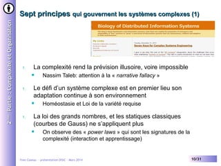 2ème Partie : Complexité et Organisation

Sept principes qui gouvernent les systèmes complexes (1)

1.

La complexité rend la prévision illusoire, voire impossible


1.

Le défi d’un système complexe est en premier lieu son
adaptation continue à son environnement


1.

Nassim Taleb: attention à la « narrative fallacy »

Homéostasie et Loi de la variété requise

La loi des grands nombres, et les statiques classiques
(courbes de Gauss) ne s’appliquent plus


On observe des « power laws » qui sont les signatures de la
complexité (interaction et apprentissage)

Yves Caseau - présentation DISIC – Mars 2014

10/31

 