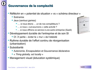 2ème Partie : Complexité et Organisation

Gouvernance de la complexité


Réfléchir en « potentiel de situation » vs « schéma directeur »



Scénarios
Jeux (serious games)
 … si nous étions … un de nos compétiteurs ?





… si nous « out-sourcions » cette activité ?
… si nous offrions ce service à une autre entreprise (SaaS)

Développement durable de l’entreprise et de son SI


Cf. 3e partie – éviter le « mur » de l’obésité

Rythme durable de l’effort continu de réorganisation
(urbanisation)
 Subsidiarité







Autonomie, Encapsulation et Gouvernance déclarative
« Thing globally, act locally »

Management visuel (éducation systémique)

Yves Caseau - présentation DISIC – Mars 2014

14/31

 