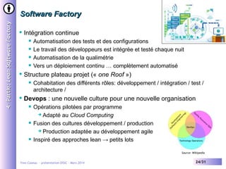 4 e Partie: Lean Software Factory

Software Factory


Intégration continue







Structure plateau projet (« one Roof »)




Automatisation des tests et des configurations
Le travail des développeurs est intégrée et testé chaque nuit
Automatisation de la qualimétrie
Vers un déploiement continu … complètement automatisé
Cohabitation des différents rôles: développement / intégration / test /
architecture /

Devops : une nouvelle culture pour une nouvelle organisation






Opérations pilotées par programme
 Adapté au Cloud Computing
Fusion des cultures développement / production
 Production adaptée au développement agile
Inspiré des approches lean → petits lots
Source: Wikipedia

Yves Caseau - présentation DISIC – Mars 2014

24/31

 