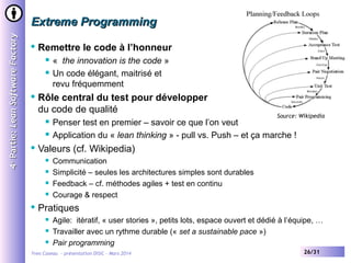 4 e Partie: Lean Software Factory

Extreme Programming


Remettre le code à l’honneur





Rôle central du test pour développer
du code de qualité





Source: Wikipedia

Penser test en premier – savoir ce que l’on veut
Application du « lean thinking » - pull vs. Push – et ça marche !

Valeurs (cf. Wikipedia)







« the innovation is the code »
Un code élégant, maitrisé et
revu fréquemment

Communication
Simplicité – seules les architectures simples sont durables
Feedback – cf. méthodes agiles + test en continu
Courage & respect

Pratiques




Agile: itératif, « user stories », petits lots, espace ouvert et dédié à l’équipe, …
Travailler avec un rythme durable (« set a sustainable pace »)
Pair programming

Yves Caseau - présentation DISIC – Mars 2014

26/31

 