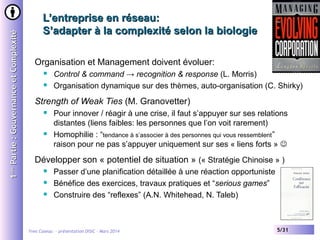 1ère Partie : Gouvernance et Complexité

L’entreprise en réseau:
S’adapter à la complexité selon la biologie
Organisation et Management doivent évoluer:



Control & command → recognition & response (L. Morris)
Organisation dynamique sur des thèmes, auto-organisation (C. Shirky)

Strength of Weak Ties (M. Granovetter)




Pour innover / réagir à une crise, il faut s’appuyer sur ses relations
distantes (liens faibles: les personnes que l’on voit rarement)
Homophilie : “tendance à s’associer à des personnes qui vous ressemblent ”
raison pour ne pas s’appuyer uniquement sur ses « liens forts » 

Développer son « potentiel de situation » (« Stratégie Chinoise » )




Passer d’une planification détaillée à une réaction opportuniste
Bénéfice des exercices, travaux pratiques et “serious games”
Construire des “reflexes” (A.N. Whitehead, N. Taleb)

Yves Caseau - présentation DISIC – Mars 2014

5/31

 