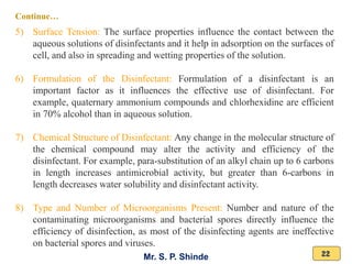 Mr. S. P. Shinde 22
5) Surface Tension: The surface properties influence the contact between the
aqueous solutions of disinfectants and it help in adsorption on the surfaces of
cell, and also in spreading and wetting properties of the solution.
6) Formulation of the Disinfectant: Formulation of a disinfectant is an
important factor as it influences the effective use of disinfectant. For
example, quaternary ammonium compounds and chlorhexidine are efficient
in 70% alcohol than in aqueous solution.
7) Chemical Structure of Disinfectant: Any change in the molecular structure of
the chemical compound may alter the activity and efficiency of the
disinfectant. For example, para-substitution of an alkyl chain up to 6 carbons
in length increases antimicrobial activity, but greater than 6-carbons in
length decreases water solubility and disinfectant activity.
8) Type and Number of Microorganisms Present: Number and nature of the
contaminating microorganisms and bacterial spores directly influence the
efficiency of disinfection, as most of the disinfecting agents are ineffective
on bacterial spores and viruses.
Continue…
 