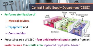 Central Sterile Supply Department (CSSD)
• Performs sterilization of
– Medical devices
– Equipment and
– Consumables
• Processing area of CSSD - four unidirectional zones starting from an
unsterile area to a sterile area separated by physical barrier.
 