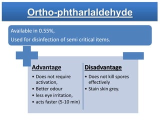 Ortho-phtharlaldehyde
Advantage
• Does not require
activation,
• Better odour
• less eye irritation,
• acts faster (5-10 min)
Disadvantage
• Does not kill spores
effectively
• Stain skin grey.
Available in 0.55%,
Used for disinfection of semi critical items.
 