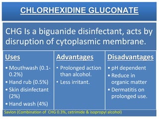 CHLORHEXIDINE GLUCONATE
CHG Is a biguanide disinfectant, acts by
disruption of cytoplasmic membrane.
Uses
• Mouthwash (0.1-
0.2%)
• Hand rub (0.5%)
• Skin disinfectant
(2%)
• Hand wash (4%)
Advantages
• Prolonged action
than alcohol.
• Less irritant.
Disadvantages
• pH dependent
• Reduce in
organic matter
• Dermatitis on
prolonged use.
Savlon (Combination of CHG 0.3%, cetrimide & isopropyl alcohol)
 