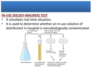 IN-USE (KELSEY-MAURER) TEST
• It simulates real-time situation.
• It is used to determine whether an in-use solution of
disinfectant in hospital is microbiologically contaminated.
 