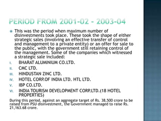     This was the period when maximum number of
     disinvestments took place. These took the shape of either
     strategic sales (involving an effective transfer of control
     and management to a private entity) or an offer for sale to
     the public, with the government still retaining control of
     the management. Some of the companies which witnessed
     a strategic sale included:
I.     BHARAT ALUMINIUM CO.LTD.
II.    CMC LTD.
III.   HINDUSTAN ZINC LTD.
IV.    HOTEL CORP   .OF INDIA LTD. HTL LTD.
V.     IBP CO.LTD.
VI.    INDIA TOURISM DEVELOPMENT CORP       .LTD.(18 HOTEL
       PROPERTIES)
During this period, against an aggregate target of Rs. 38,500 crore to be
raised from PSU disinvestment, the Government managed to raise Rs.
21,163.68 crore.
 