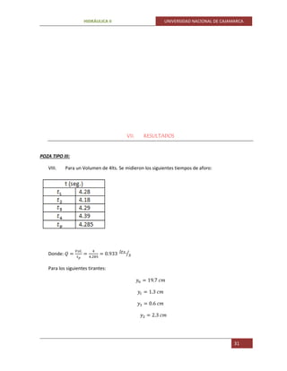 HIDRÁULICA II UNIVERSIDAD NACIONAL DE CAJAMARCA
31
VII. RESULTADOS
POZA TIPO III:
VIII. Para un Volumen de 4lts. Se midieron los siguientes tiempos de aforo:
Donde: 𝑄 =
𝑉𝑜𝑙.
𝑡 𝑝
=
4
4.285
= 0.933 𝑙𝑡𝑠.
𝑠⁄
Para los siguientes tirantes:
𝑦𝑛 = 19.7 𝑐𝑚
𝑦𝑐 = 1.3 𝑐𝑚
𝑦1 = 0.6 𝑐𝑚
𝑦2 = 2.3 𝑐𝑚
 