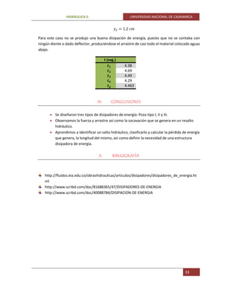 HIDRÁULICA II UNIVERSIDAD NACIONAL DE CAJAMARCA
33
𝑦2 = 1.2 𝑐𝑚
Para este caso no se produjo una buena disipación de energía, puesto que no se contaba con
ningún diente o dado deflector, produciéndose el arrastre de casi todo el material colocado aguas
abajo.
t (seg.)
𝒕 𝟏 4.38
𝒕 𝟐 4.69
𝒕 𝟑 4.49
𝒕 𝟒 4.29
𝒕 𝒑 4.463
IX. CONCLUSIONES
 Se diseñaron tres tipos de disipadores de energía: Poza tipo I, II y III.
 Observamos la fuerza y arrastre así como la socavación que se genera en un resalto
hidráulico.
 Aprendimos a identificar un salto hidráulico, clasificarlo y calcular la pérdida de energía
que genera, la longitud del mismo, asi como definir la necesidad de una estructura
disipadora de energía.
X. BIBLIOGRAFÍA
http://fluidos.eia.edu.co/obrashidraulicas/articulos/disipadores/disipadores_de_energia.ht
ml
http://www.scribd.com/doc/81688365/47/DISIPADORES-DE-ENERGIA
http://www.scribd.com/doc/40088784/DISIPACION-DE-ENERGIA
 