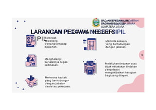 LARANGAN PEGAWAI NEGERI
SIPIL
Bertindak
sewenang-
wenang terhadap
bawahan.
Menerima hadiah
yang berhubungan
dengan jabatan
dan/atau pekerjaan.
Menghalangi
berjalannya tugas
kedinasan.
Meminta sesuatu
yang berhubungan
dengan jabatan.
10
Melakukan tindakan atau
tidak melakukan tindakan
yang dapat
mengakibatkan kerugian
bagi yang dilayani.
BADAN KEPEGAWAIAN
DAERAH PROVINSI
SUMATERA UTARA
 