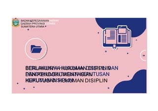 BERLAKUNYA HUKUMAN DISIPLIN
DAN PENDOKUMENTASIAN
KEPUTUSAN HUKUMAN DISIPLIN
34
BADAN KEPEGAWAIAN
DAERAH PROVINSI
SUMATERA UTARA
 