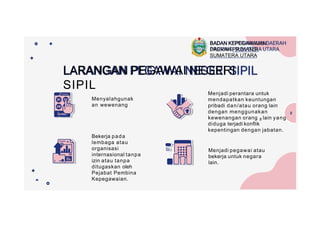 LARANGAN PEGAWAI NEGERI
SIPIL
Menyalahgunak
an wewenang
Bekerja pada
lembaga atau
organisasi
internasional tanpa
izin atau tanpa
ditugaskan oleh
Pejabat Pembina
Kepegawaian.
Menjadi pegawai atau
bekerja untuk negara
lain.
Menjadi perantara untuk
mendapatkan keuntungan
pribadi dan/atau orang lain
dengan menggunakan
kewenangan orang 8 lain yang
diduga terjadi konflik
kepentingan dengan jabatan.
BADAN KEPEGAWAIAN
DAERAH PROVINSI
SUMATERA UTARA
 
