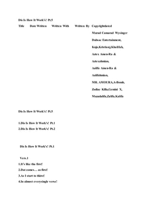 Dis Is How It Work's! Pt.5
Title Date Written Written With Written By Copyrightdated
Murad Camarad Wysinger
Dubsac Entertainment,
Kujo,Kristianj,Khalifah,
Aztex Amen-Ra &
Aztexahmian,
Aalifa Amen-Ra &
Aalifahmian,
MR. AMOURA,A-Bomb,
Zodiac Killa,Gemini X,
Muzadalifa,Zalifa,Kalifa
Dis Is How It Work's! Pt.5
1.Dis Is How It Work's! Pt.1
2.Dis Is How It Work's! Pt.2
Dis Is How It Work's! Pt.1
Vers.1
1.It’s like tha first!
2.Dat comes… as first!
3.As I start to thirst!
4.In almost everysingle verse!
 