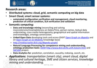 DISIT Lab, Distributed Data Intelligence and Technologies
Distributed Systems and Internet Technologies
Department of Information Engineering (DINFO)
http://www.disit.dinfo.unifi.it
DISIT Lab
• Researchers: 20
• Current Active Projects: 10
• Project in the last 4 years: 17
• Research Budget (last 4 
years): 1.5M€
• Foreseen Research Budget 
(next 2 years): 2.2M€
• SpinOff: 1
DISIT Lab (DINFO UNIFI), Feb 2015 2
 