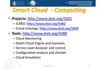 DISIT Lab, Distributed Data Intelligence and Technologies
Distributed Systems and Internet Technologies
Department of Information Engineering (DINFO)
http://www.disit.dinfo.unifi.it
DISIT Lab (DINFO UNIFI), Feb 2015
Cloud optimization
Cloud Simulation
Smart Cloud
34
 