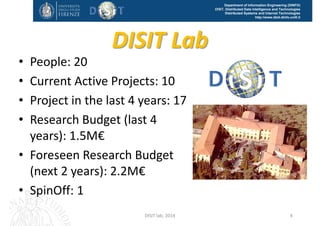 DISIT Lab, Distributed Data Intelligence and Technologies
Distributed Systems and Internet Technologies
Department of Information Engineering (DINFO)
http://www.disit.dinfo.unifi.it
Main Research sectors
• Smart City, BigData
• Knowledge Engineering, Data Mining 
• Cloud Computing, Smart Cloud
• Social media, collaborative work
• Mobile computing
• Signalling and formal methods
• See for projects: http://www.disit.org/5501
DISIT Lab (DINFO UNIFI), Feb 2015 4
 