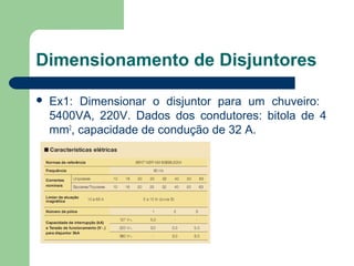  Ex1: Dimensionar o disjuntor para um chuveiro:
5400VA, 220V. Dados dos condutores: bitola de 4
mm2
, capacidade de condução de 32 A.
Dimensionamento de Disjuntores
 