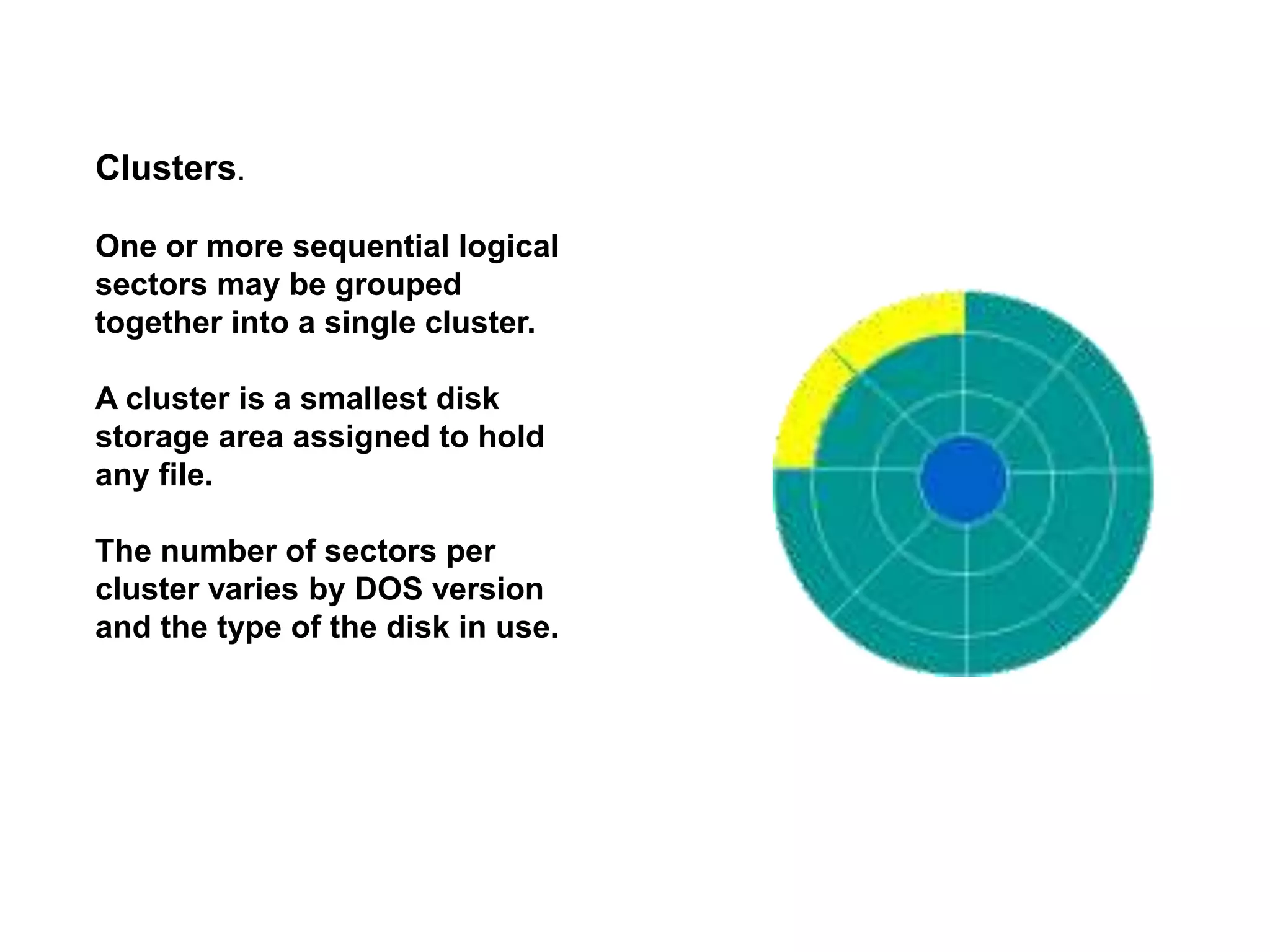 Clusters.
One or more sequential logical
sectors may be grouped
together into a single cluster.
A cluster is a smallest disk
storage area assigned to hold
any file.
The number of sectors per
cluster varies by DOS version
and the type of the disk in use.
 