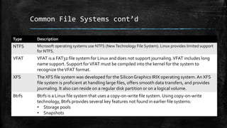 Common File Systems cont’d
Type Description
NTFS Microsoft operating systems use NTFS (NewTechnology File System). Linux provides limited support
for NTFS.
VFAT VFAT is a FAT32 file system for Linux and does not support journaling.VFAT includes long
name support. Support forVFAT must be compiled into the kernel for the system to
recognize theVFAT format.
XFS The XFS file system was developed for the SiliconGraphics IRIX operating system. An XFS
file system is proficient at handling large files, offers smooth data transfers, and provides
journaling. It also can reside on a regular disk partition or on a logical volume.
Btrfs Btrfs is a Linux file system that uses a copy-on-write file system. Using copy-on-write
technology, Btrfs provides several key features not found in earlier file systems:
• Storage pools
• Snapshots
 