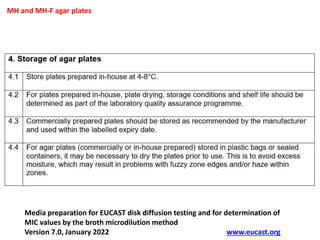Media preparation for EUCAST disk diffusion testing and for determination of
MIC values by the broth microdilution method
Version 7.0, January 2022 www.eucast.org
MH and MH-F agar plates
 